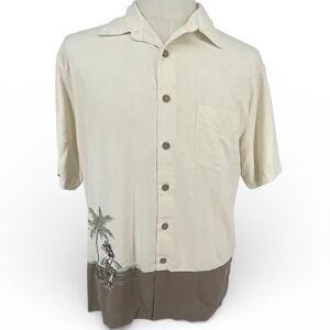 Quiksilver Edition Mens Silk Aloha Shirt Hula Girl Embroidered Cream Brown‎ M